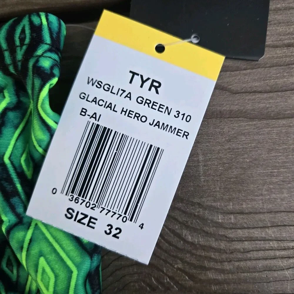 TYR  Durafast Elite Glacial Hero Mens Jammer Green/black Swimwear  SZ 32 NWT